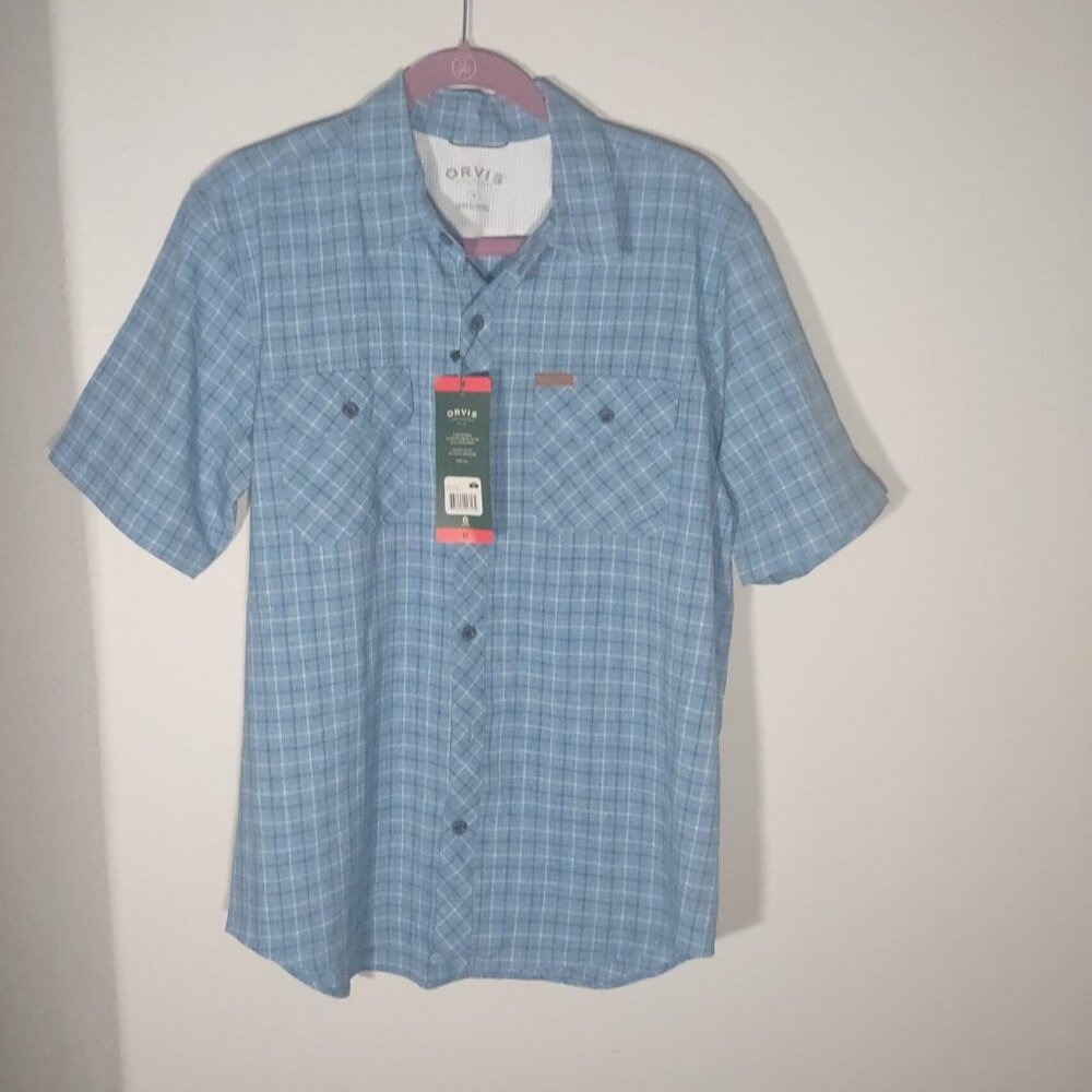 Orvis Men's Short Sleeve Tech Shirt Blue Check Lightweight Size Medium NWT